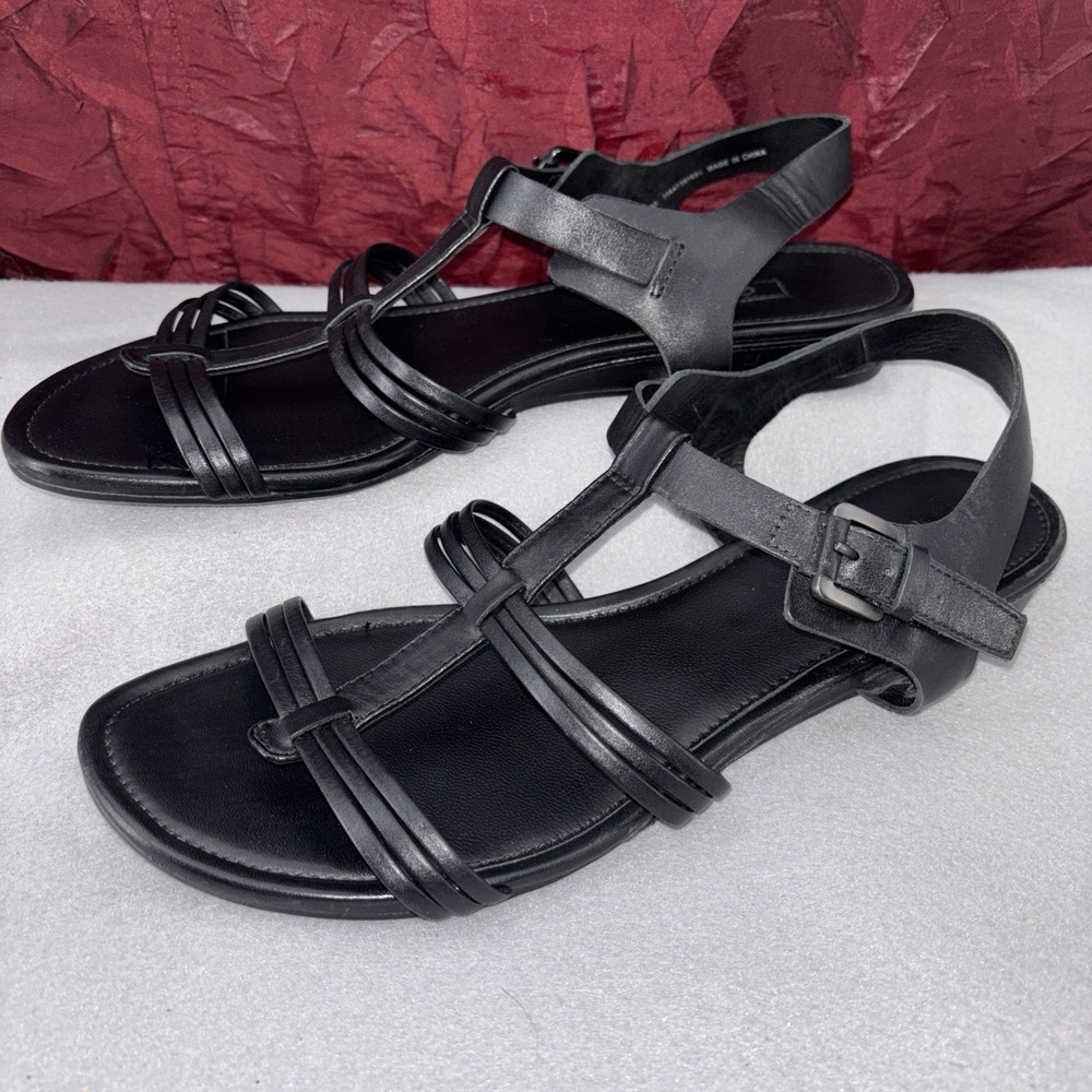 Ecco Odens E Strap Black Leather Summer Sandals Low Heel Wedge Women's 10 EUC